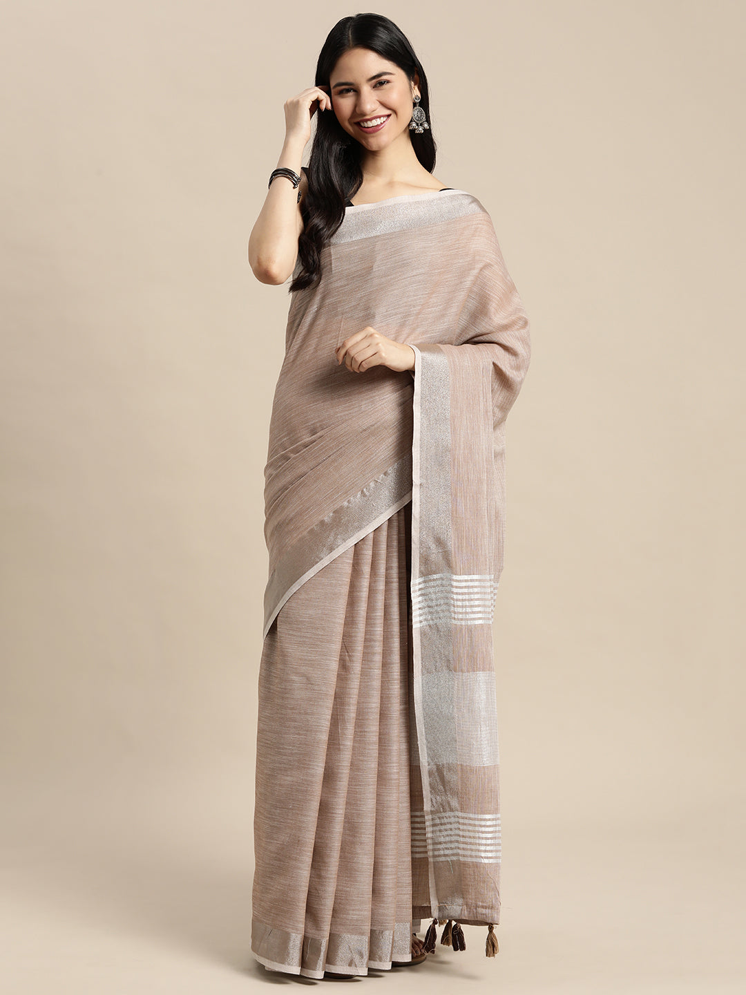 Astita Elegant Brown Woven Linen Saree with Contrast Zari Border & Tassels - Soft & Breathable Party Wear - Distacart