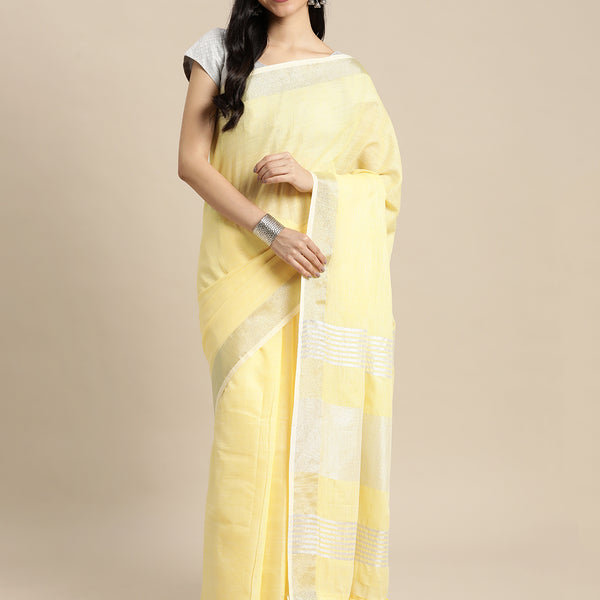 Shree Shyam Fashion Elegant Yellow Woven Linen Saree with Contrast Zari Border & Tassels - Soft & Breathable Party Wear - Distacart