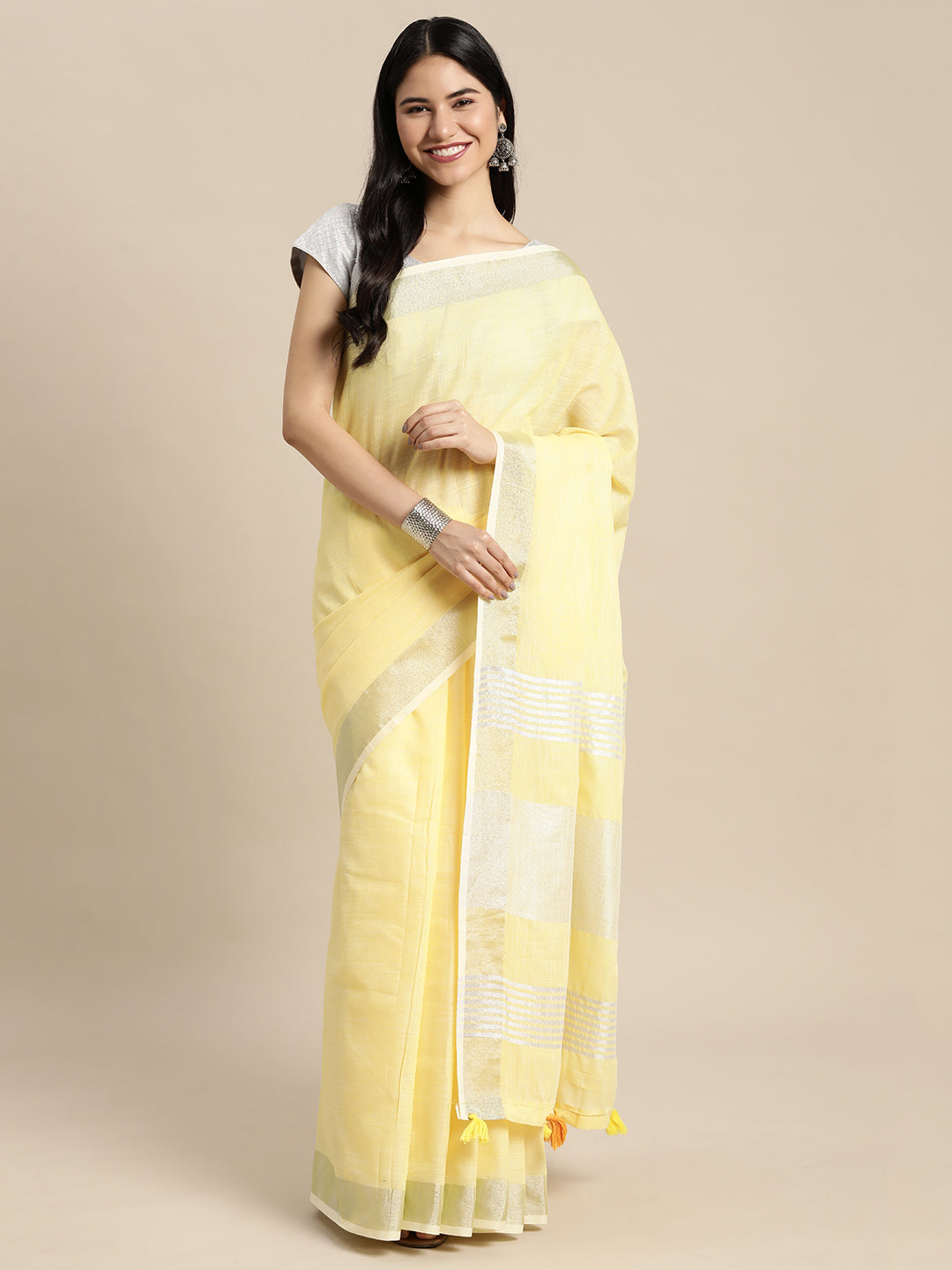 Shree Shyam Fashion Elegant Yellow Woven Linen Saree with Contrast Zari Border & Tassels - Soft & Breathable Party Wear - Distacart