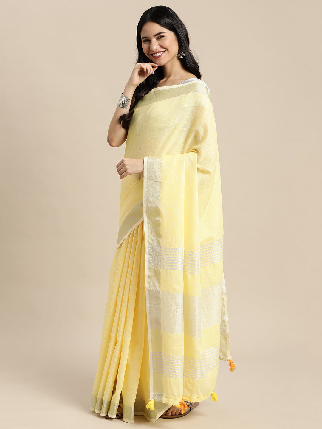 Astita Elegant Yellow Woven Linen Saree with Contrast Zari Border & Tassels - Soft & Breathable Party Wear - Distacart