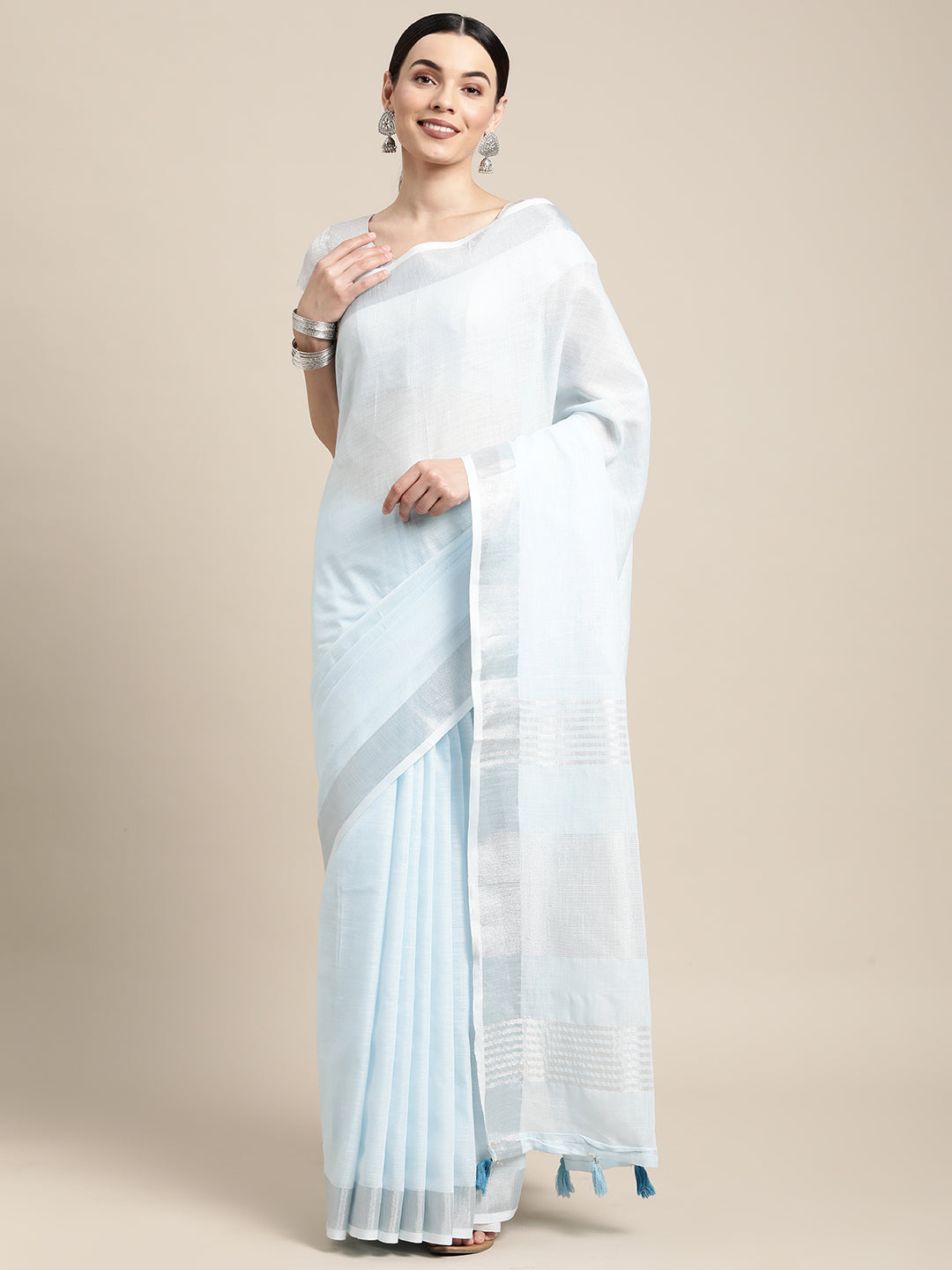 Astita Elegant Sky Blue Woven Linen Saree with Contrast Zari Border & Tassels - Soft & Breathable Party Wear - Distacart