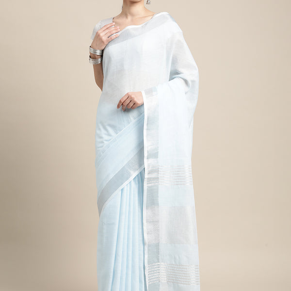 Shree Shyam Fashion Elegant Sky Blue Woven Linen Saree with Contrast Zari Border & Tassels - Soft & Breathable Party Wear - Distacart