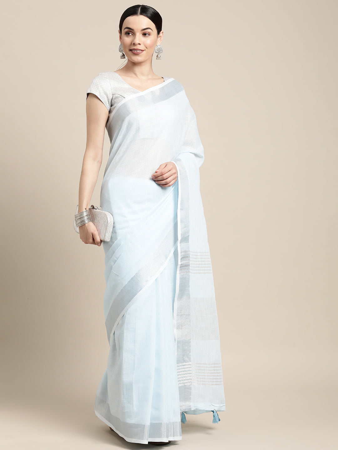 Astita Elegant Sky Blue Woven Linen Saree with Contrast Zari Border & Tassels - Soft & Breathable Party Wear - Distacart
