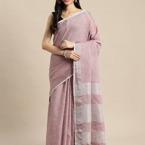 Shree Shyam Fashion Elegant Mauve Woven Linen Saree with Contrast Zari Border & Tassels - Soft & Breathable Party Wear - Distacart