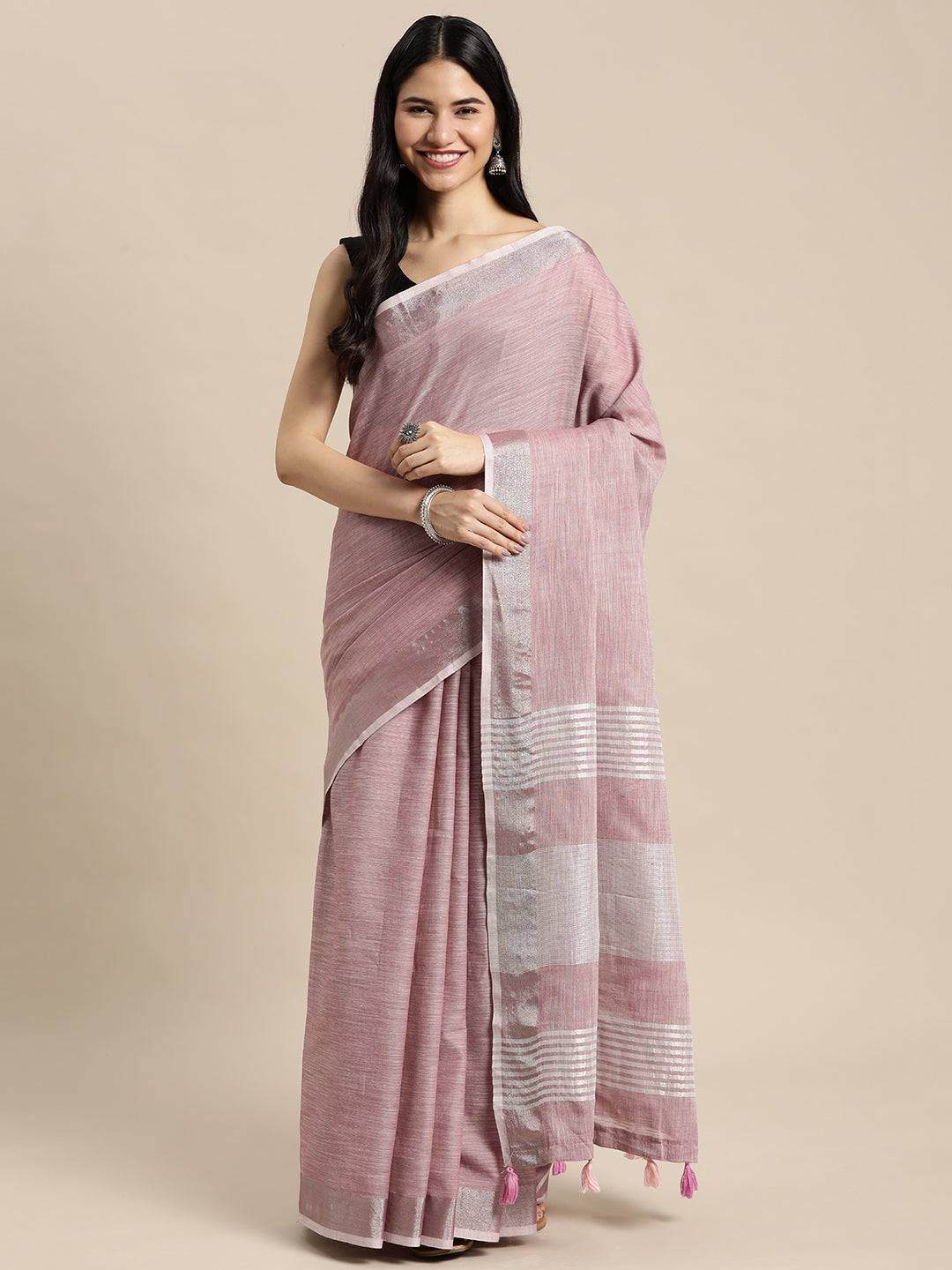 Shree Shyam Fashion Elegant Mauve Woven Linen Saree with Contrast Zari Border & Tassels - Soft & Breathable Party Wear - Distacart
