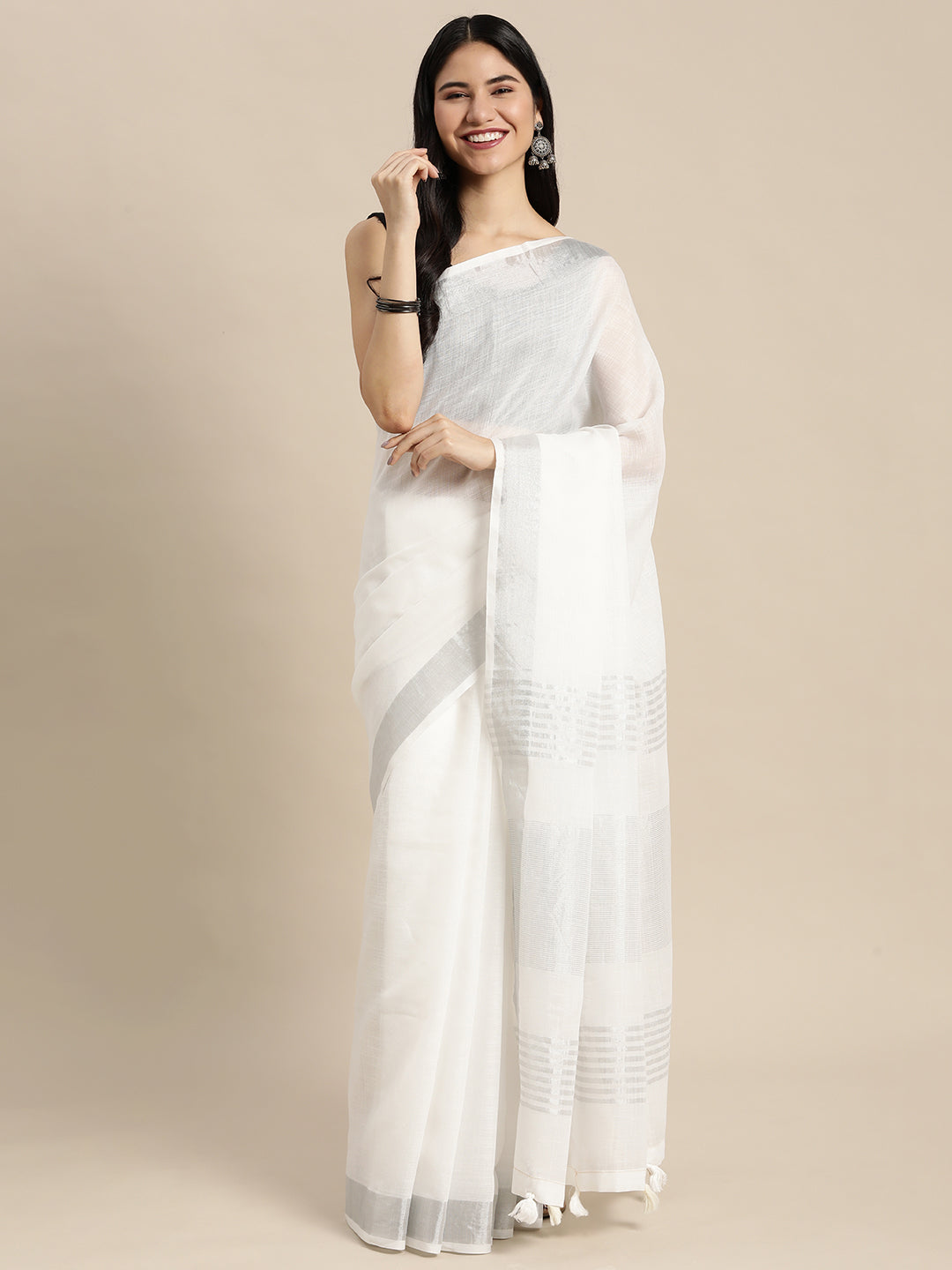 Astita Elegant White Woven Linen Saree with Contrast Zari Border & Tassels - Soft & Breathable Party Wear - Distacart