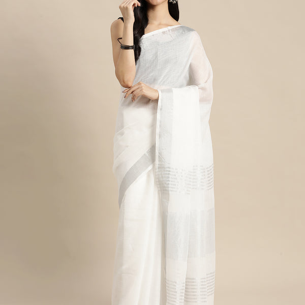 Astita Elegant White Woven Linen Saree with Contrast Zari Border & Tassels - Soft & Breathable Party Wear - Distacart