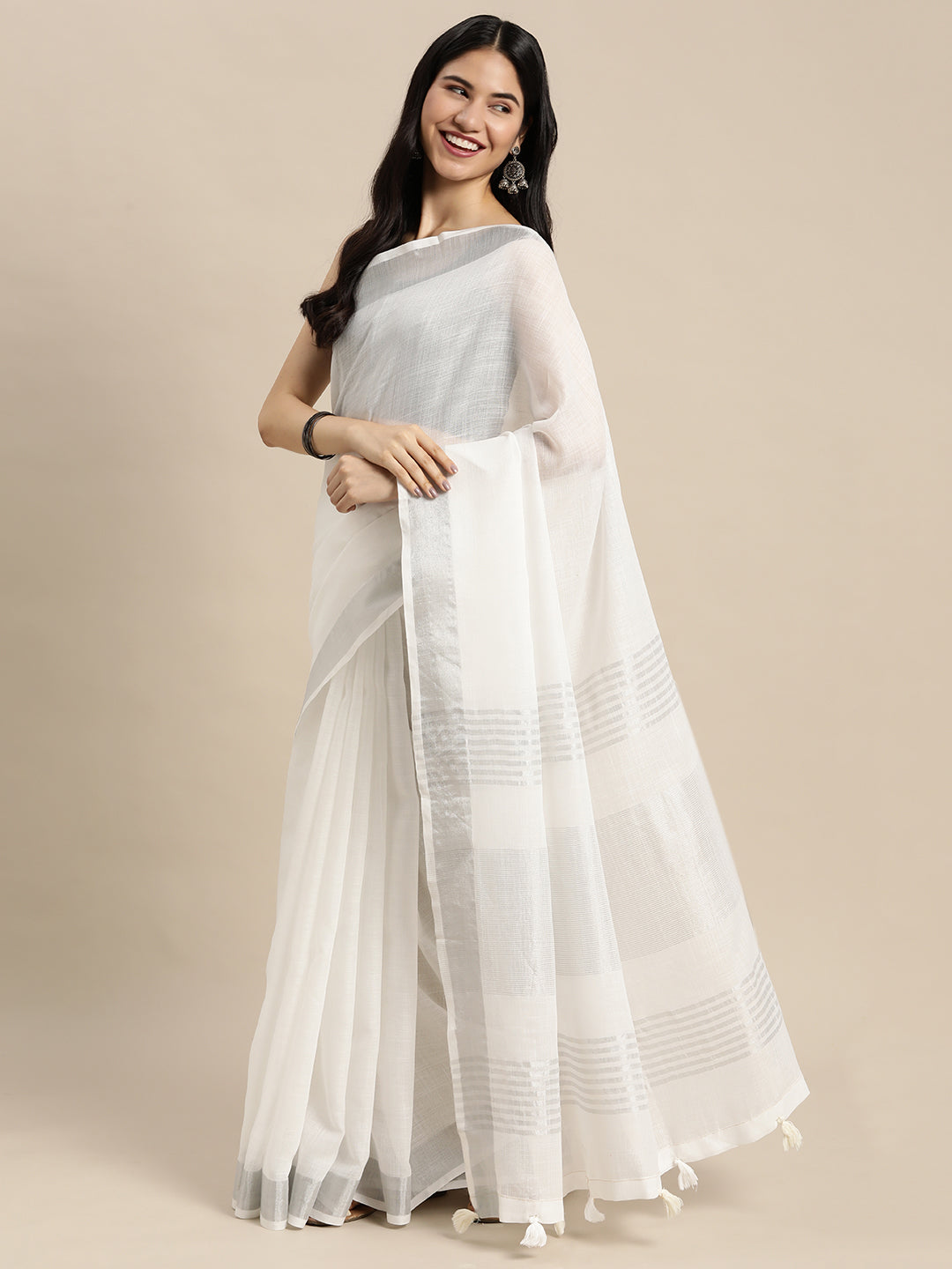 Astita Elegant White Woven Linen Saree with Contrast Zari Border & Tassels - Soft & Breathable Party Wear - Distacart