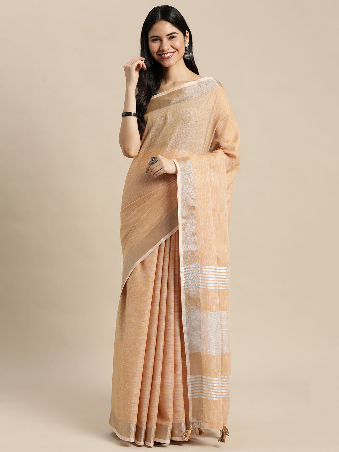 Astita Elegant Tan Woven Linen Saree with Contrast Zari Border & Tassels - Soft & Breathable Party Wear - Distacart
