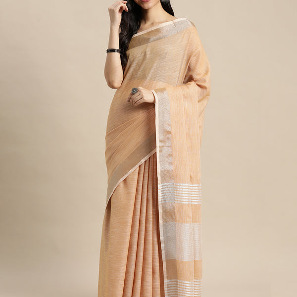 Shree Shyam Fashion Elegant Tan Woven Linen Saree with Contrast Zari Border & Tassels - Soft & Breathable Party Wear - Distacart