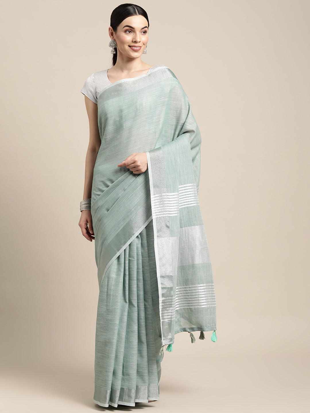 Astita Elegant Sea Green Woven Linen Saree with Contrast Zari Border & Tassels - Soft & Breathable Party Wear - Distacart