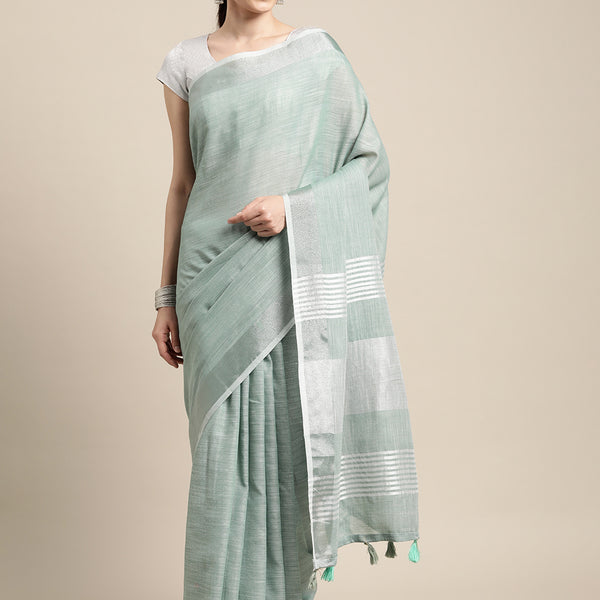 Shree Shyam Fashion Elegant Sea Green Woven Linen Saree with Contrast Zari Border & Tassels - Soft & Breathable Party Wear - Distacart