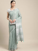 Thumbnail for Astita Elegant Sea Green Woven Linen Saree with Contrast Zari Border & Tassels - Soft & Breathable Party Wear - Distacart