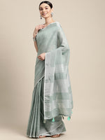 Thumbnail for Astita Elegant Sea Green Woven Linen Saree with Contrast Zari Border & Tassels - Soft & Breathable Party Wear - Distacart
