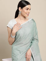 Thumbnail for Astita Elegant Sea Green Woven Linen Saree with Contrast Zari Border & Tassels - Soft & Breathable Party Wear - Distacart