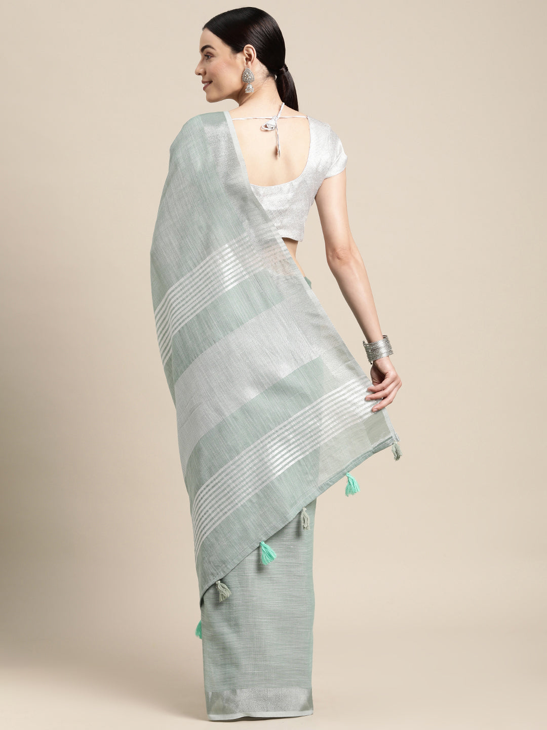 Astita Elegant Sea Green Woven Linen Saree with Contrast Zari Border & Tassels - Soft & Breathable Party Wear - Distacart