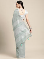 Thumbnail for Astita Elegant Sea Green Woven Linen Saree with Contrast Zari Border & Tassels - Soft & Breathable Party Wear - Distacart