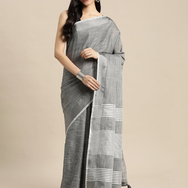 Shree Shyam Fashion Elegant Dark Grey Woven Linen Saree with Contrast Zari Border & Tassels - Soft & Breathable Party Wear - Distacart