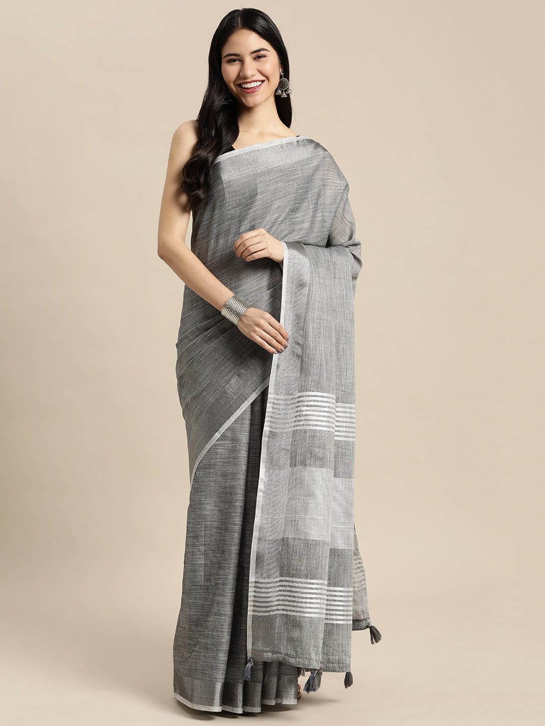Shree Shyam Fashion Elegant Dark Grey Woven Linen Saree with Contrast Zari Border & Tassels - Soft & Breathable Party Wear - Distacart