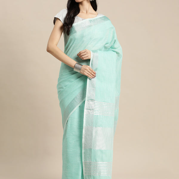 Shree Shyam Fashion Elegant Turquoise Woven Linen Saree with Contrast Zari Border & Tassels - Soft & Breathable Party Wear - Distacart