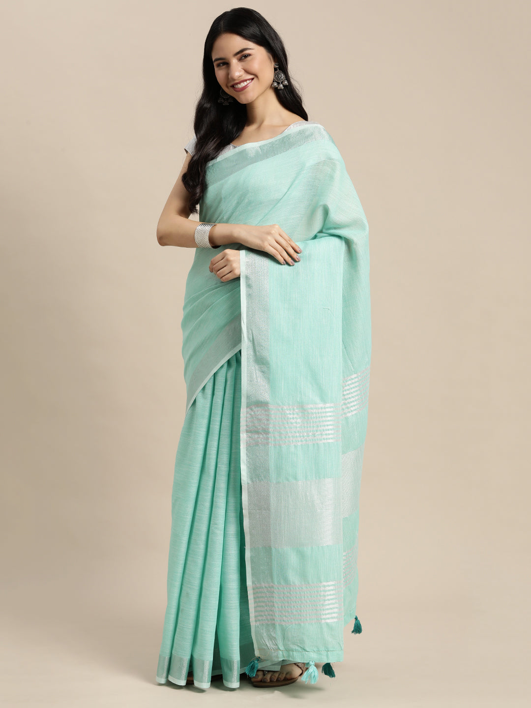 Astita Elegant Turquoise Woven Linen Saree with Contrast Zari Border & Tassels - Soft & Breathable Party Wear - Distacart