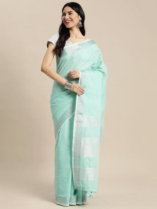 Astita Elegant Turquoise Woven Linen Saree with Contrast Zari Border & Tassels - Soft & Breathable Party Wear - Distacart