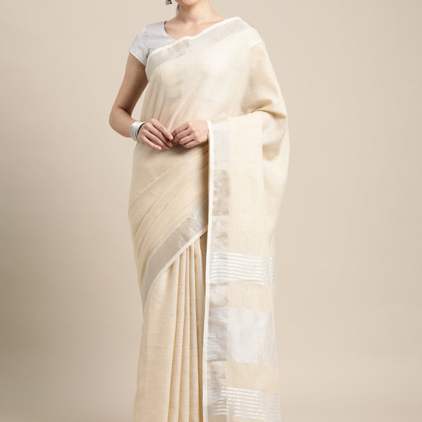 Astita Elegant Beige Woven Linen Saree with Contrast Zari Border & Tassels - Soft & Breathable Party Wear - Distacart