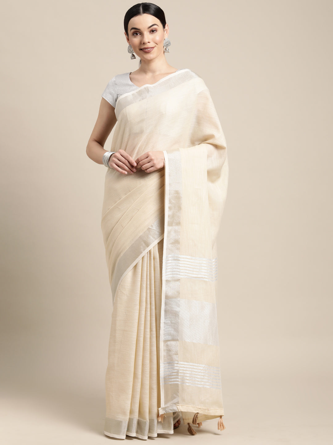 Shree Shyam Fashion Elegant Beige Woven Linen Saree with Contrast Zari Border & Tassels - Soft & Breathable Party Wear - Distacart