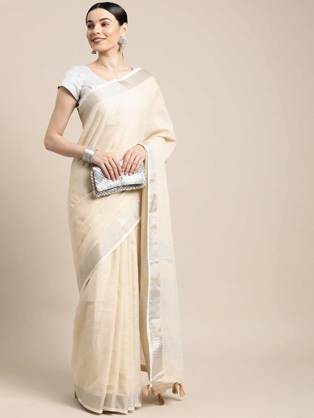 Astita Elegant Beige Woven Linen Saree with Contrast Zari Border & Tassels - Soft & Breathable Party Wear - Distacart