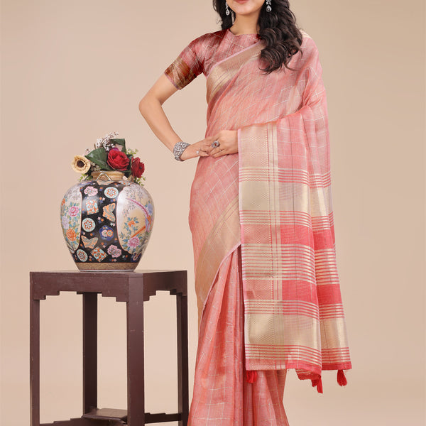 Astita Peach Organza Woven Zari Work Traditional Tassel Saree - Distacart