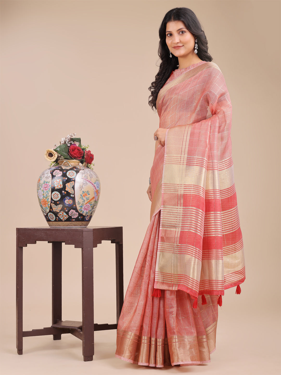 Astita Peach Organza Woven Zari Work Traditional Tassel Saree - Distacart
