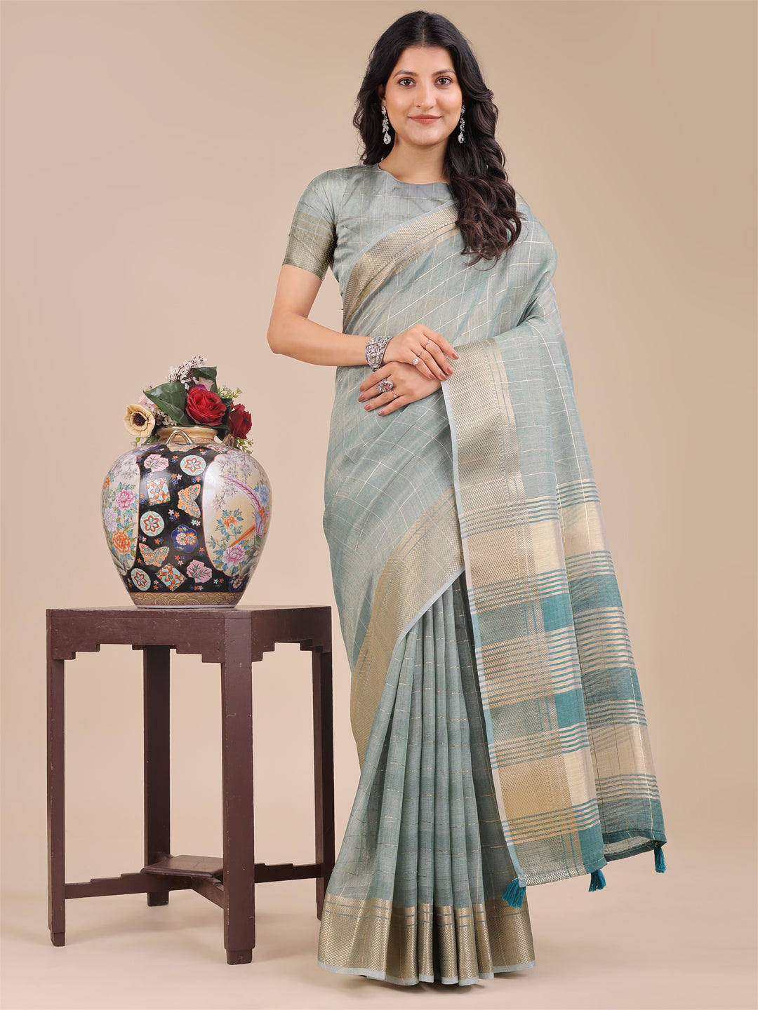 Astita Sea Green Organza Woven Zari Work Traditional Tassel Saree - Distacart