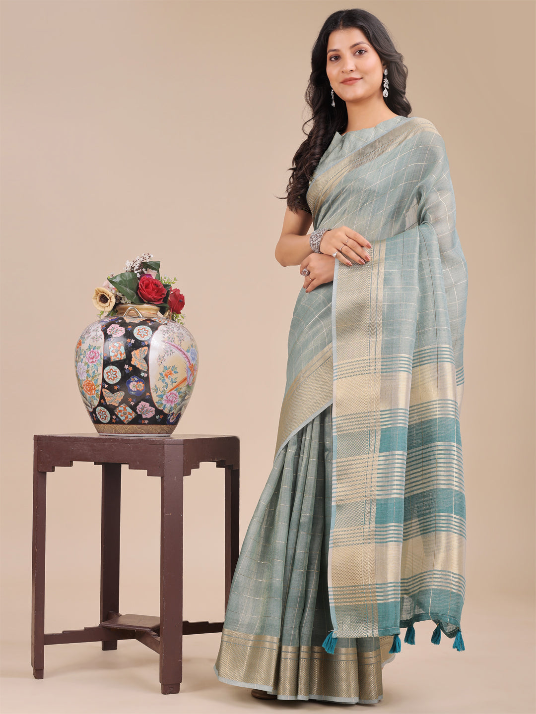 Astita Sea Green Organza Woven Zari Work Traditional Tassel Saree - Distacart