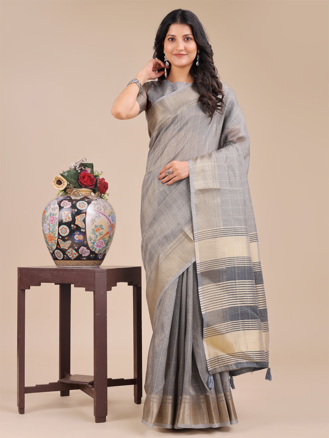 Astita Grey Organza Woven Zari Work Traditional Tassel Saree - Distacart