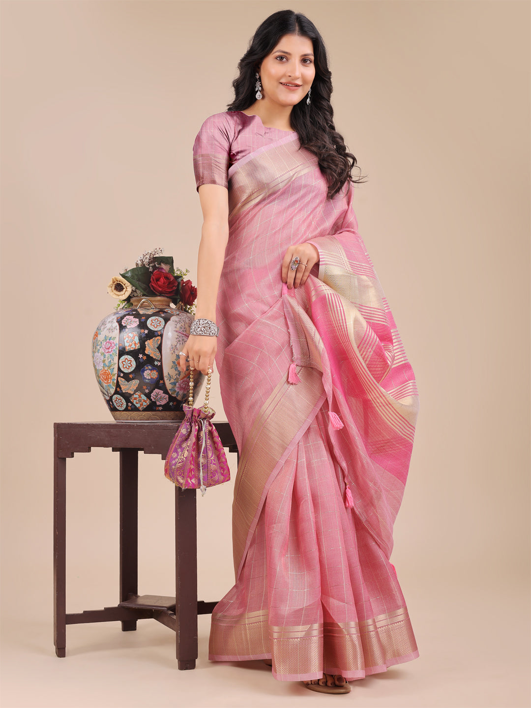 Astita Pink Organza Woven Zari Work Traditional Tassel Saree