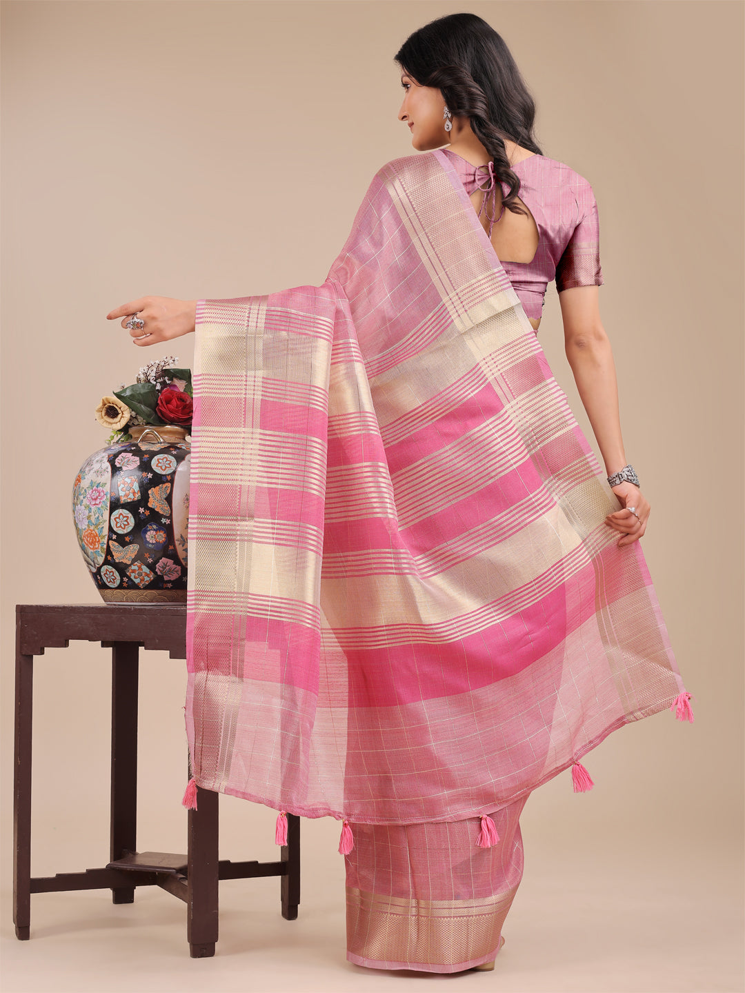 Astita Pink Organza Woven Zari Work Traditional Tassel Saree