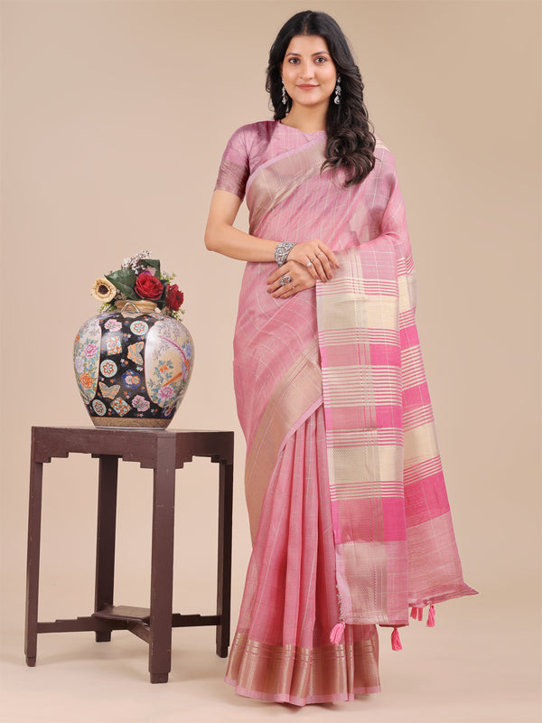 Astita Pink Organza Woven Zari Work Traditional Tassel Saree