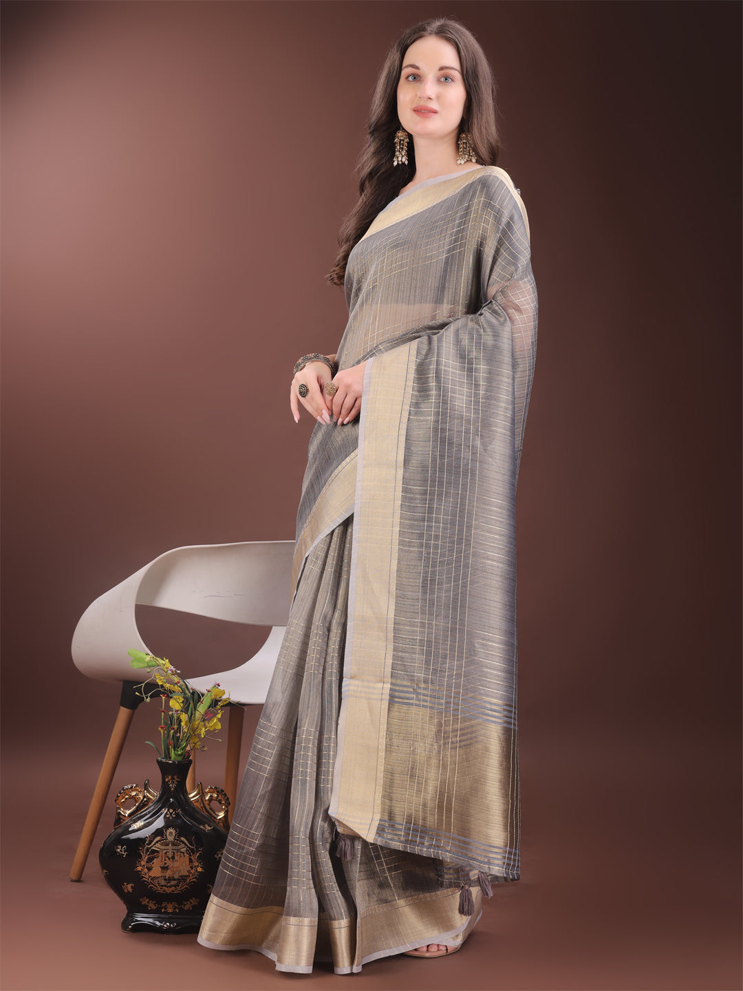 Astita Grey Organza Saree with Gold Checked Design - Elegant & Classy Traditional Wear for Formal & Festive Occasions - Distacart