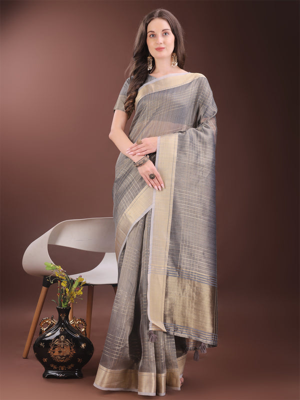 Astita Grey Organza Saree with Gold Checked Design - Elegant & Classy Traditional Wear for Formal & Festive Occasions - Distacart