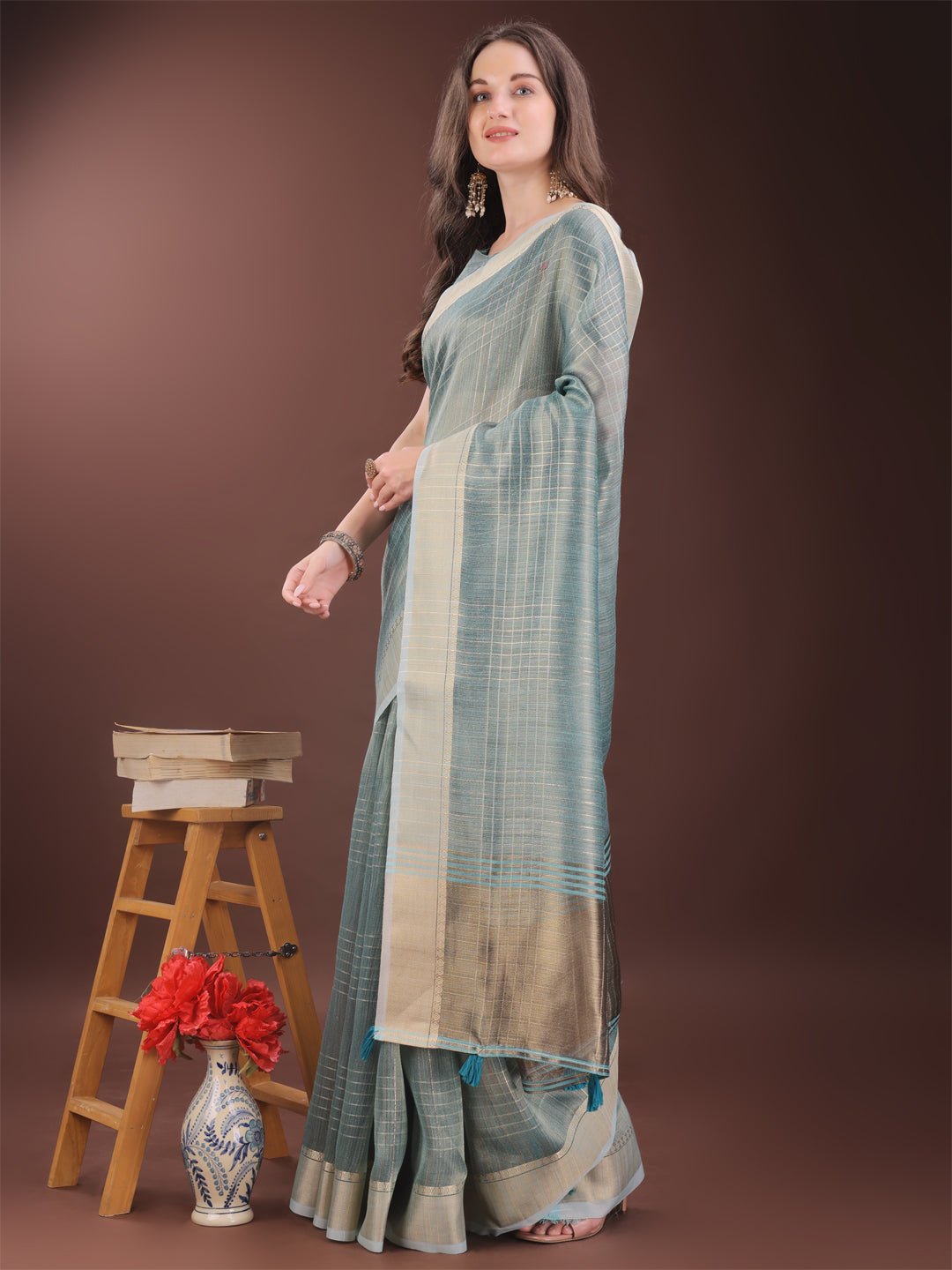 Astita Light Blue Organza Saree with Gold Checked Design - Elegant & Classy Traditional Wear for Formal & Festive Occasions - Distacart