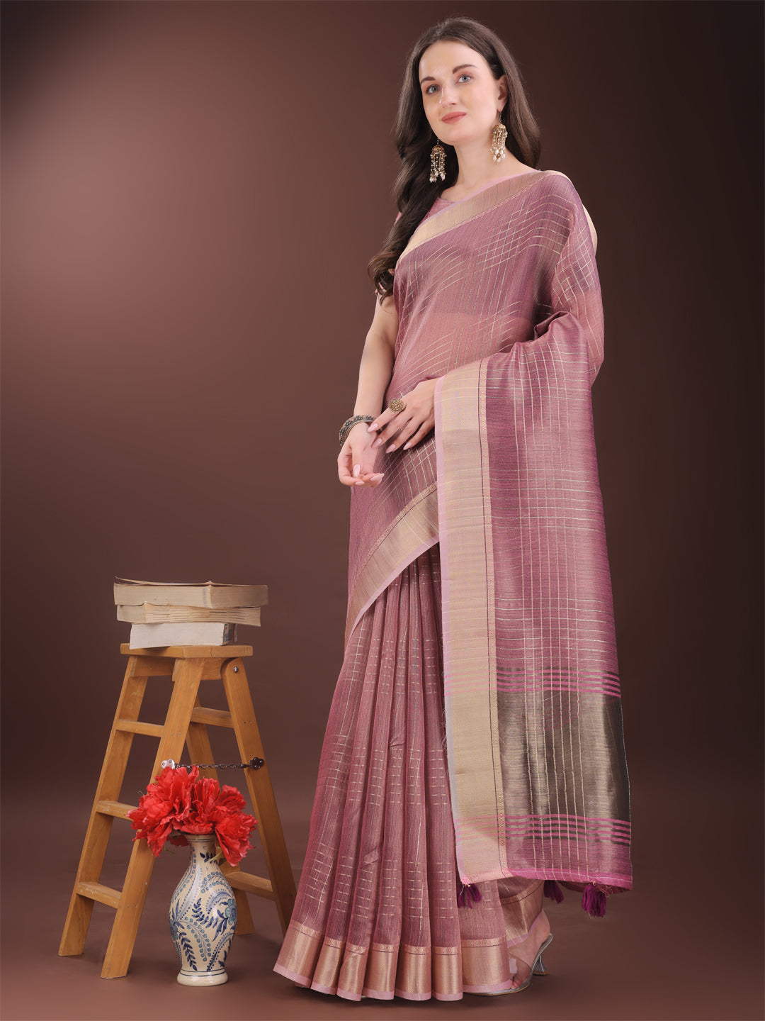 Astita Pink Organza Saree with Gold Checked Design - Elegant & Classy Traditional Wear for Formal & Festive Occasions - Distacart