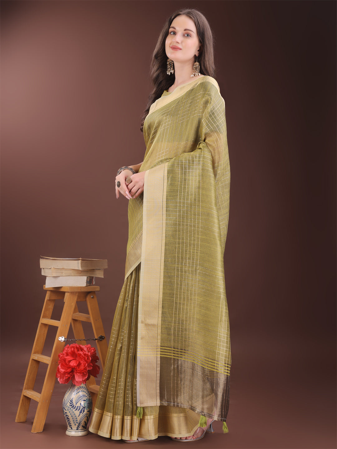 Astita Mehndi Green Organza Saree with Gold Checked Design - Elegant & Classy Traditional Wear for Formal & Festive Occasions - Distacart