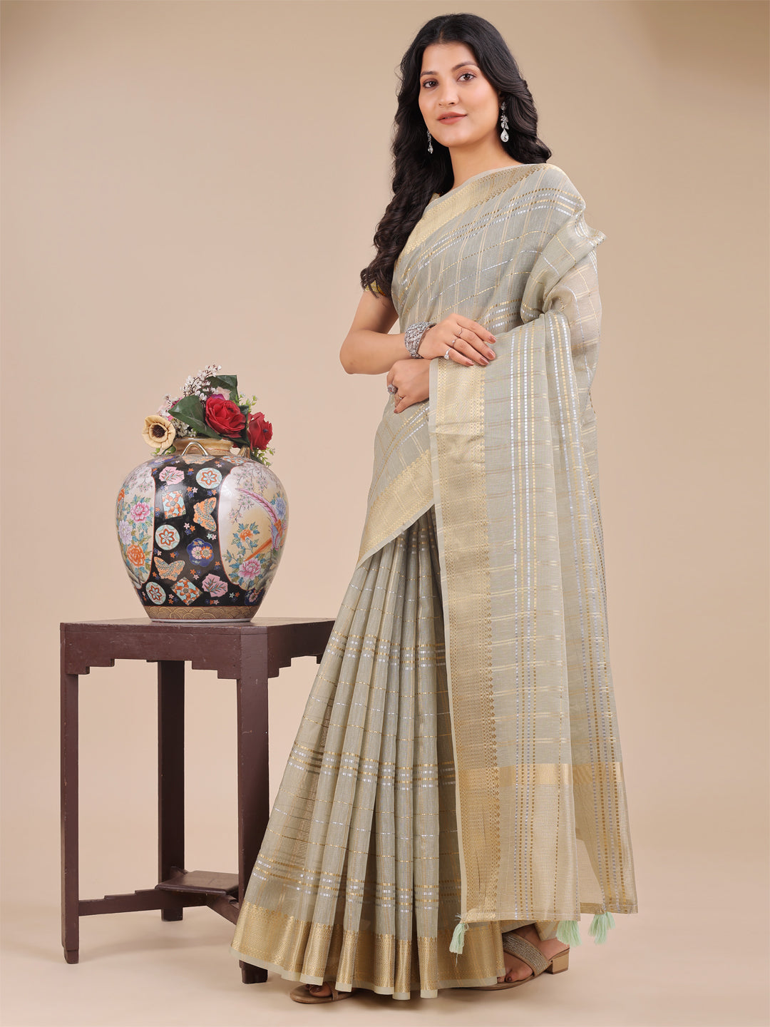 Astita Beige Organza Woven Zari Work Traditional Tassel Saree - Distacart