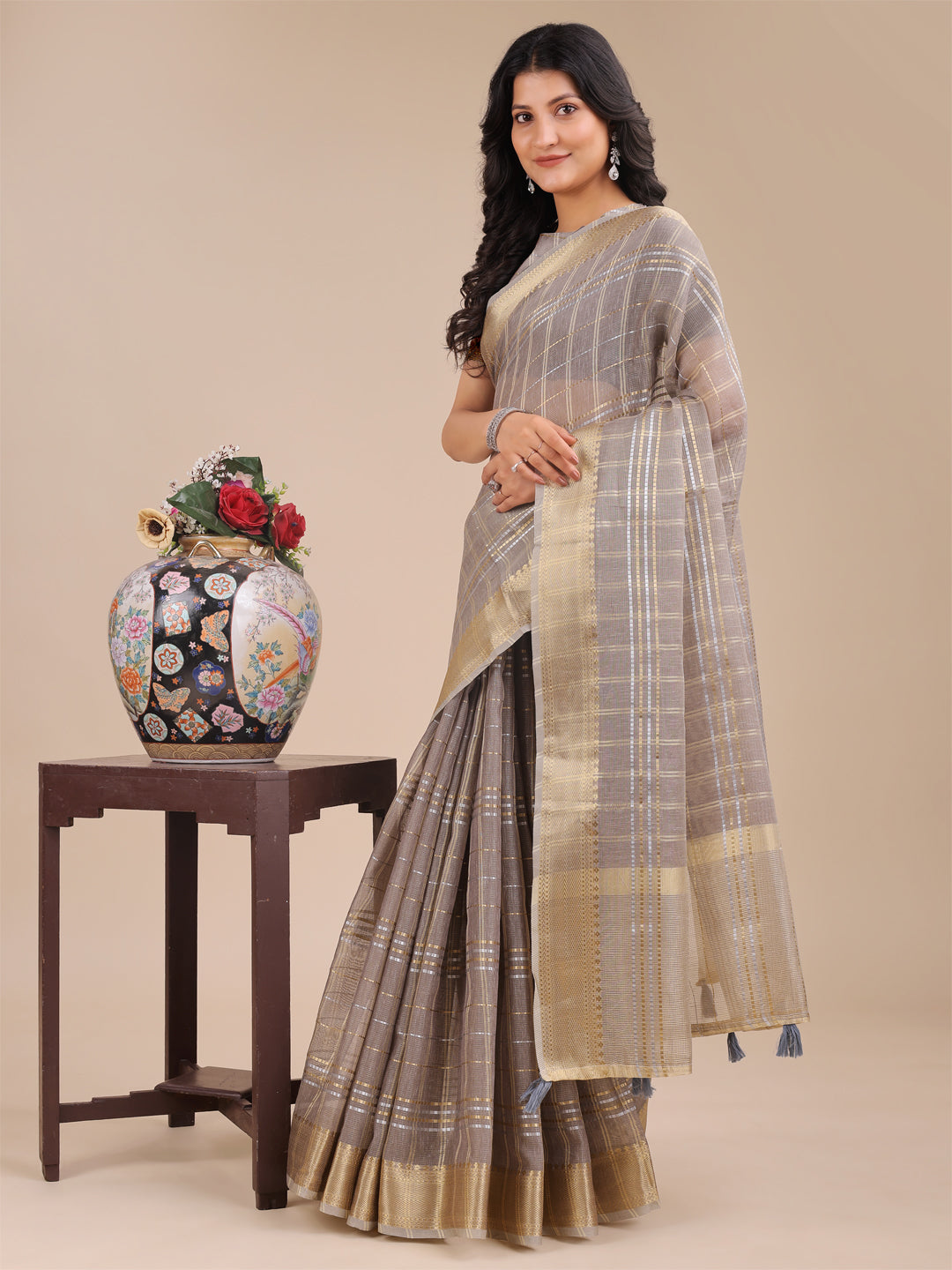 Astita Tan Organza Woven Zari Work Traditional Tassel Saree - Distacart