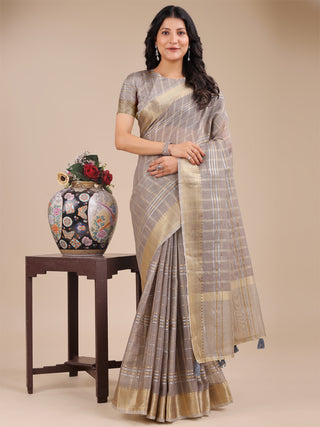 Astita Tan Organza Woven Zari Work Traditional Tassel Saree - Distacart