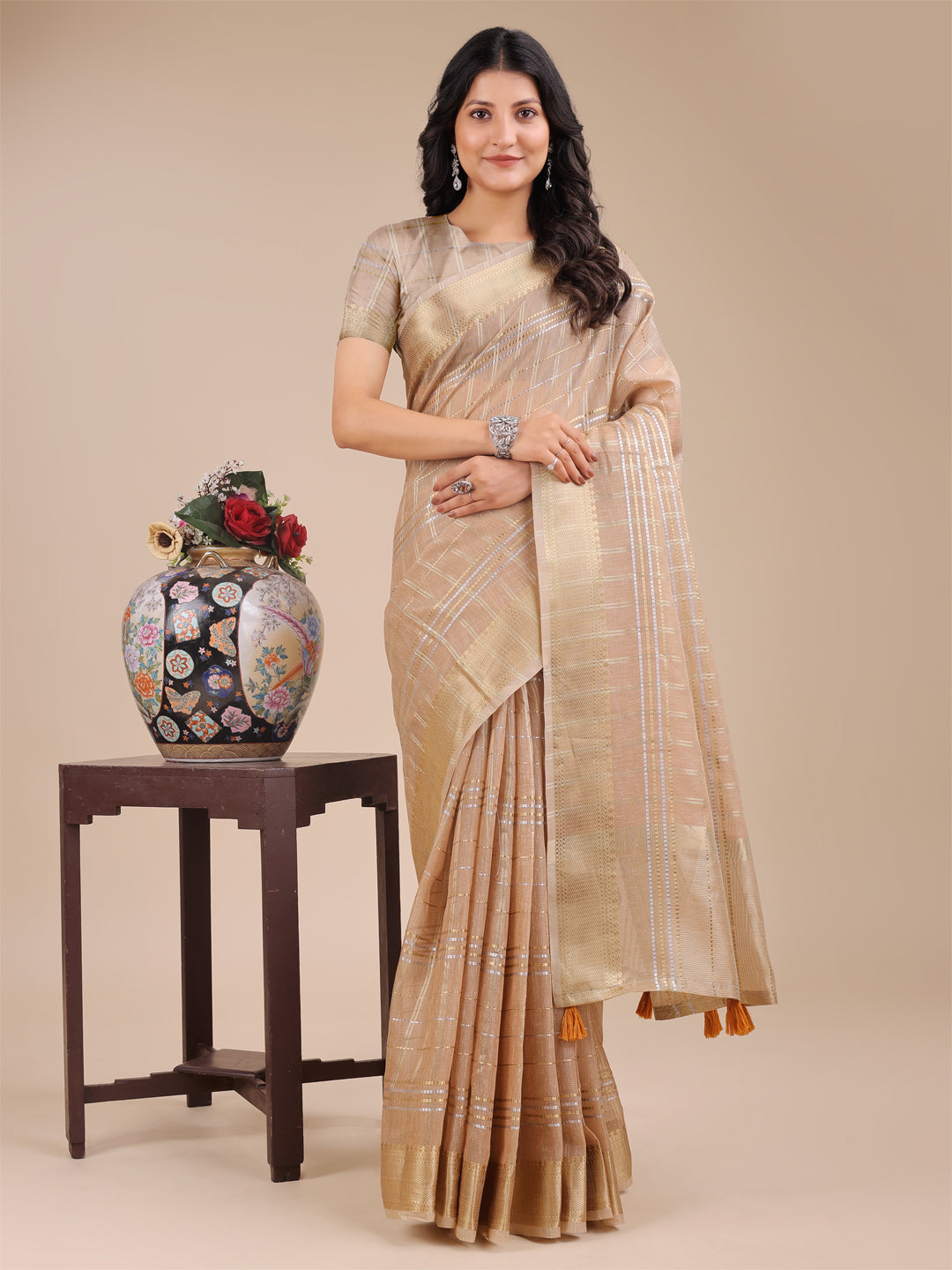 Astita Cream Organza Woven Zari Work Traditional Tassel Saree - Distacart