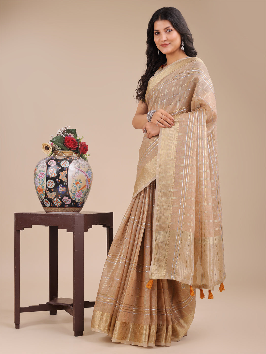 Astita Cream Organza Woven Zari Work Traditional Tassel Saree - Distacart