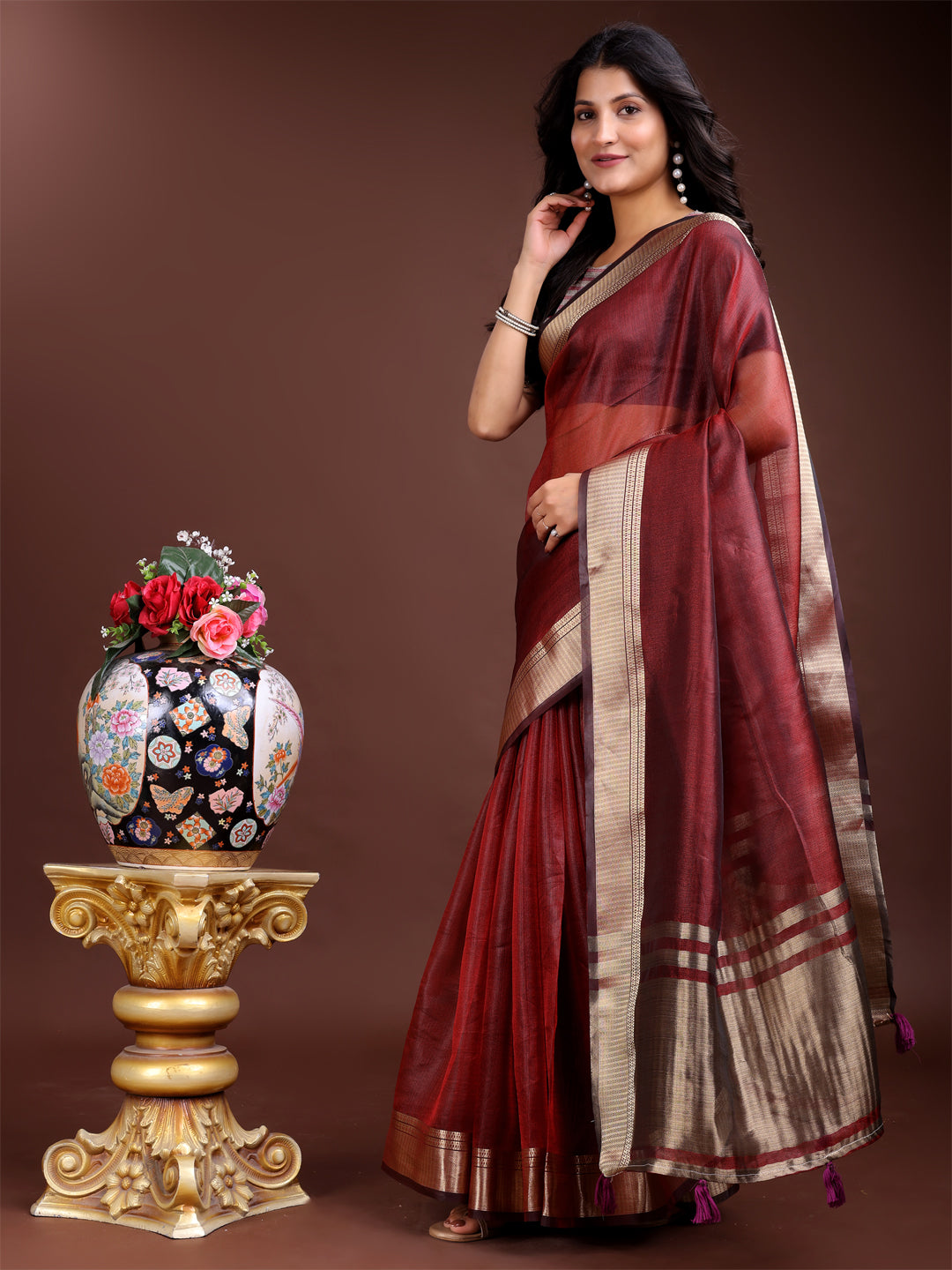 Astita Red Organza Woven Zari Work Traditional Tassel Saree - Distacart