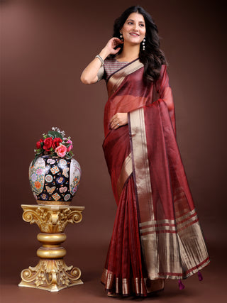 Astita Red Organza Woven Zari Work Traditional Tassel Saree - Distacart