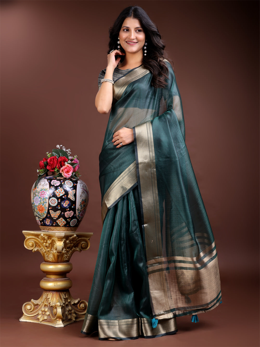 Astita Sea Green Organza Woven Zari Work Traditional Tassel Saree - Distacart